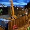 Construction of the retaining wall on Dame Dorothy Street to facilitate future road widening. Sheet piles are being pushed 13 metres into the ground to support the widened road.
