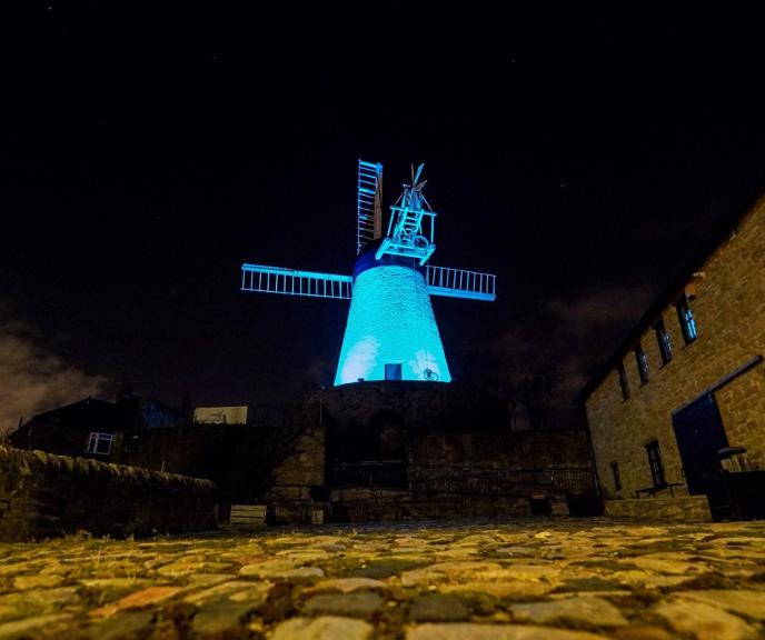 Fulwell Mill lit blue Fulwell Mill lit blue