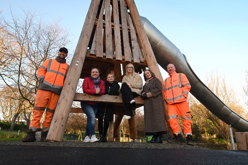 Councillor Lindsey Leonard, Councillor Beth Jones and Councillor Kelly Chequer (centre) at the revamped play area in Mowbray Park. They are pictured alongside Steve Jardin and Ben Finley and Environmental Services Manager Marina Hallam
